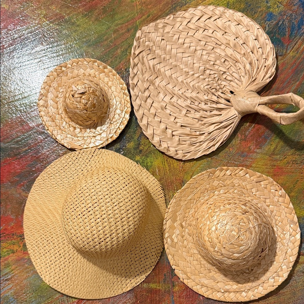 Miniature Straw Hat and A Fan Set of 4- Tan: Dog Cat Toy Craft Accessory New